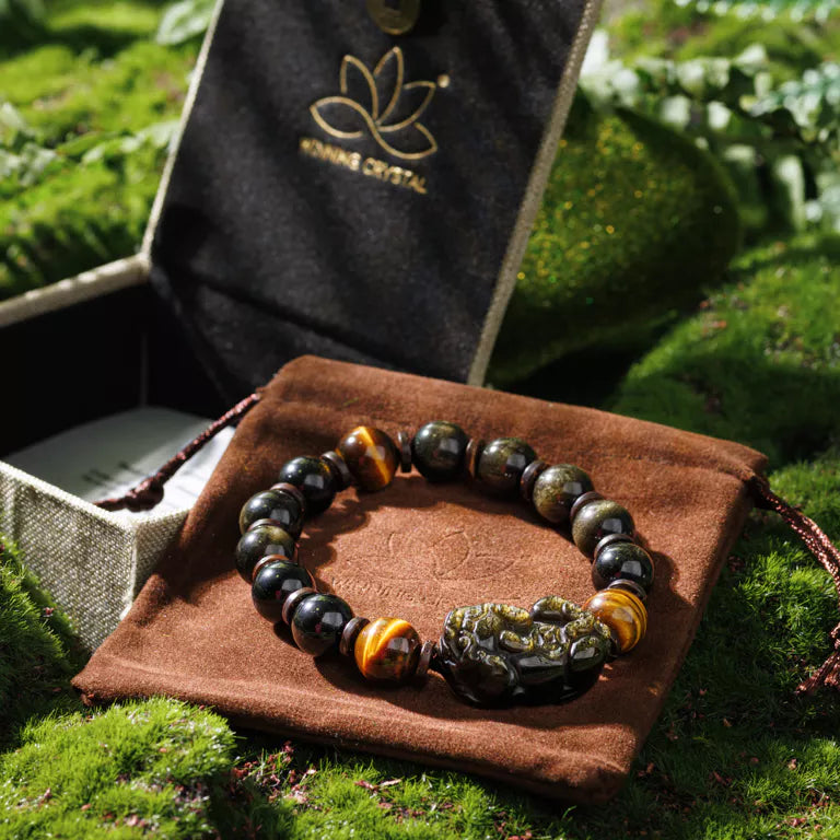 Gold Obsidian Tiger's Eye Pixiu Guardian Bracelet - Protection, Valor