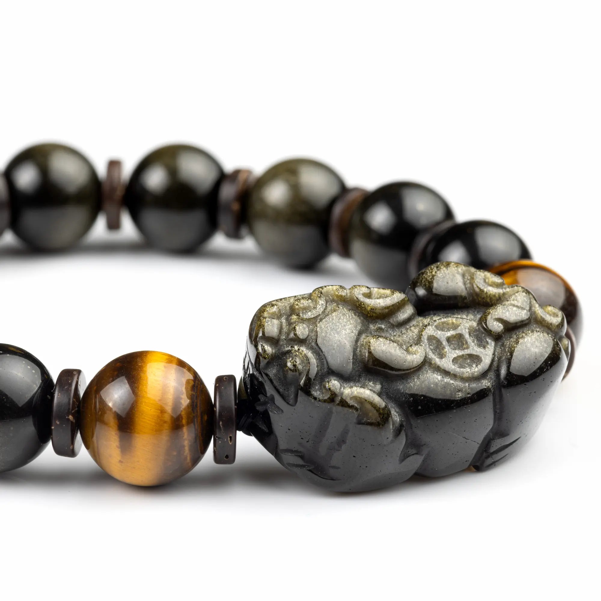 Gold Obsidian Tiger's Eye Pixiu Guardian Bracelet - Protection, Valor