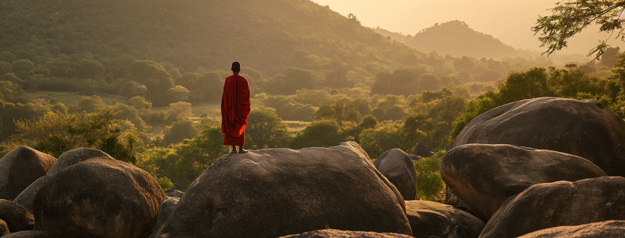 A monk in vibrant red robes stands atop a boulder in a serene, mountainous landscape. The warm golden light of the setting sun bathes the scene, highlighting the rounded shapes of the rocks and the lush greenery in the distance. The monk gazes into the distance, embodying a moment of peaceful contemplation.