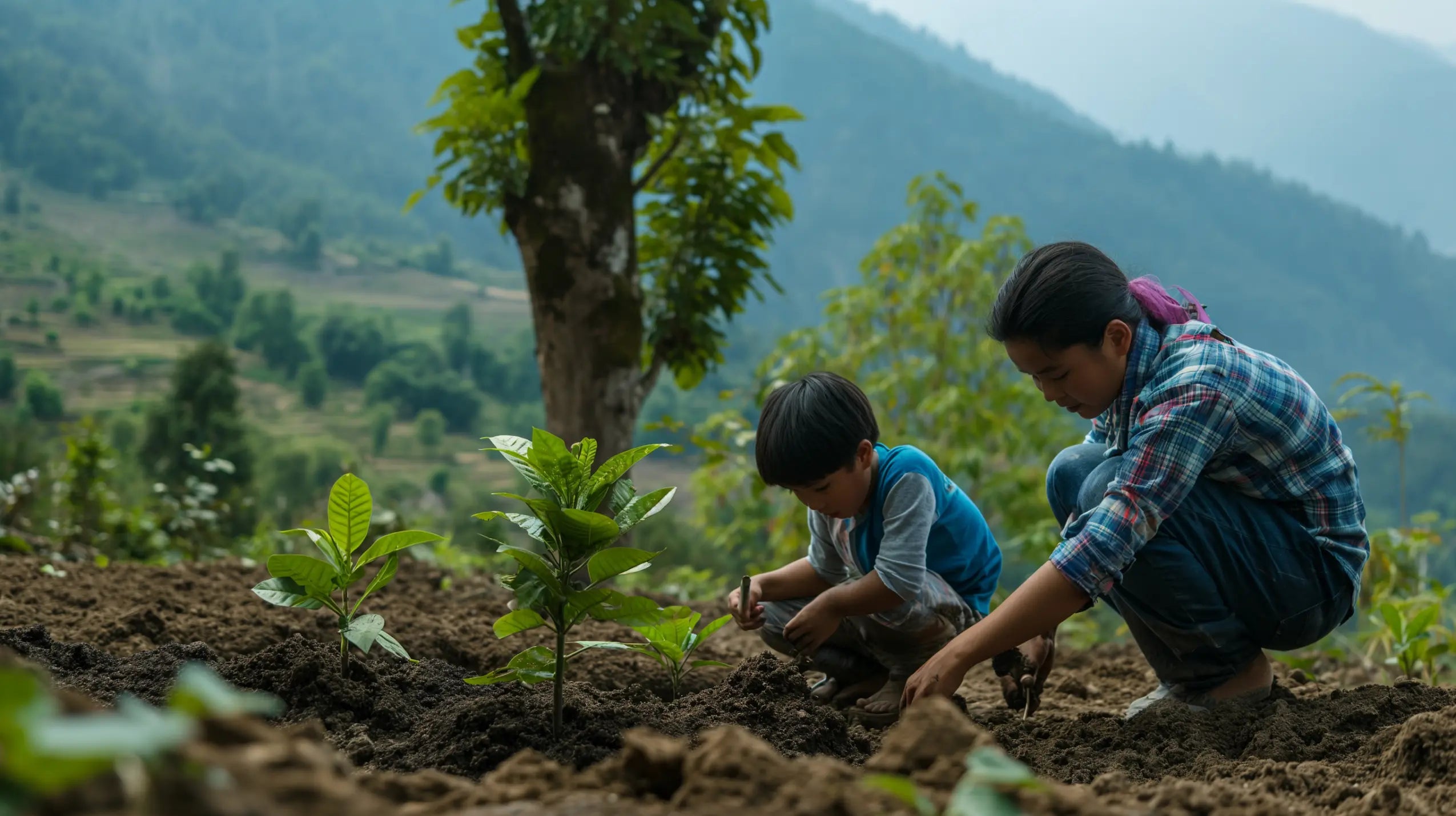 Mother_and_son_plant_trees_in_Nepal