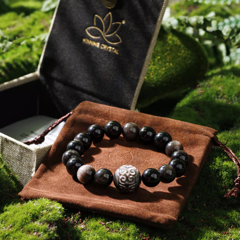 Silver Obsidian Mantra Bracelet - Clarity, Harmony