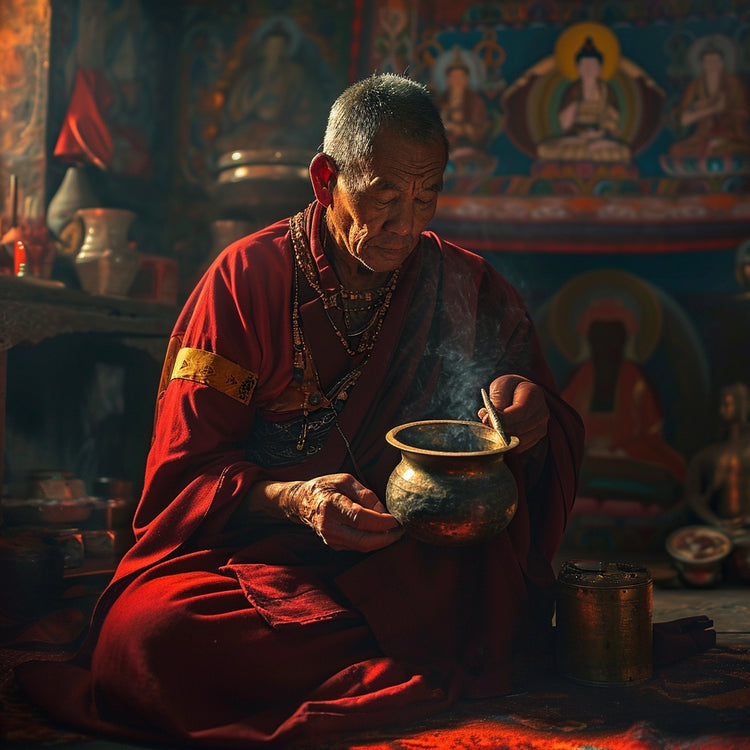 An elder Tibetan monk, adorned in traditional red robes, intently examines the smoke from a ritual incense bowl in the richly decorated interior of a Buddhist temple, evoking an atmosphere of ancient spiritual practice.
