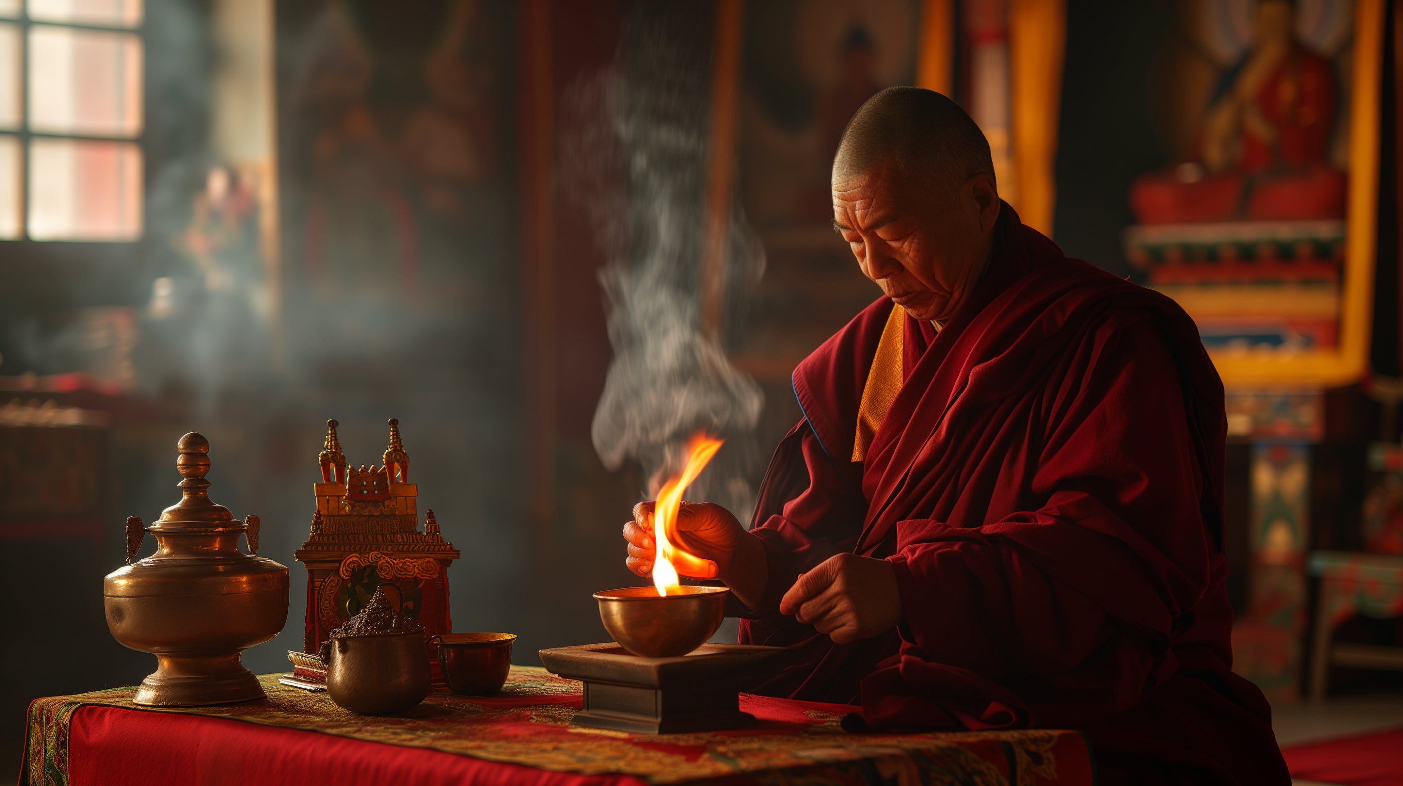 A Tibetan monk in a maroon robe engrossed in a traditional ritual, lighting an offering bowl amidst the sacred ambiance of a Buddhist temple, with ceremonial items and dim, warm lighting enhancing the spiritual mood.