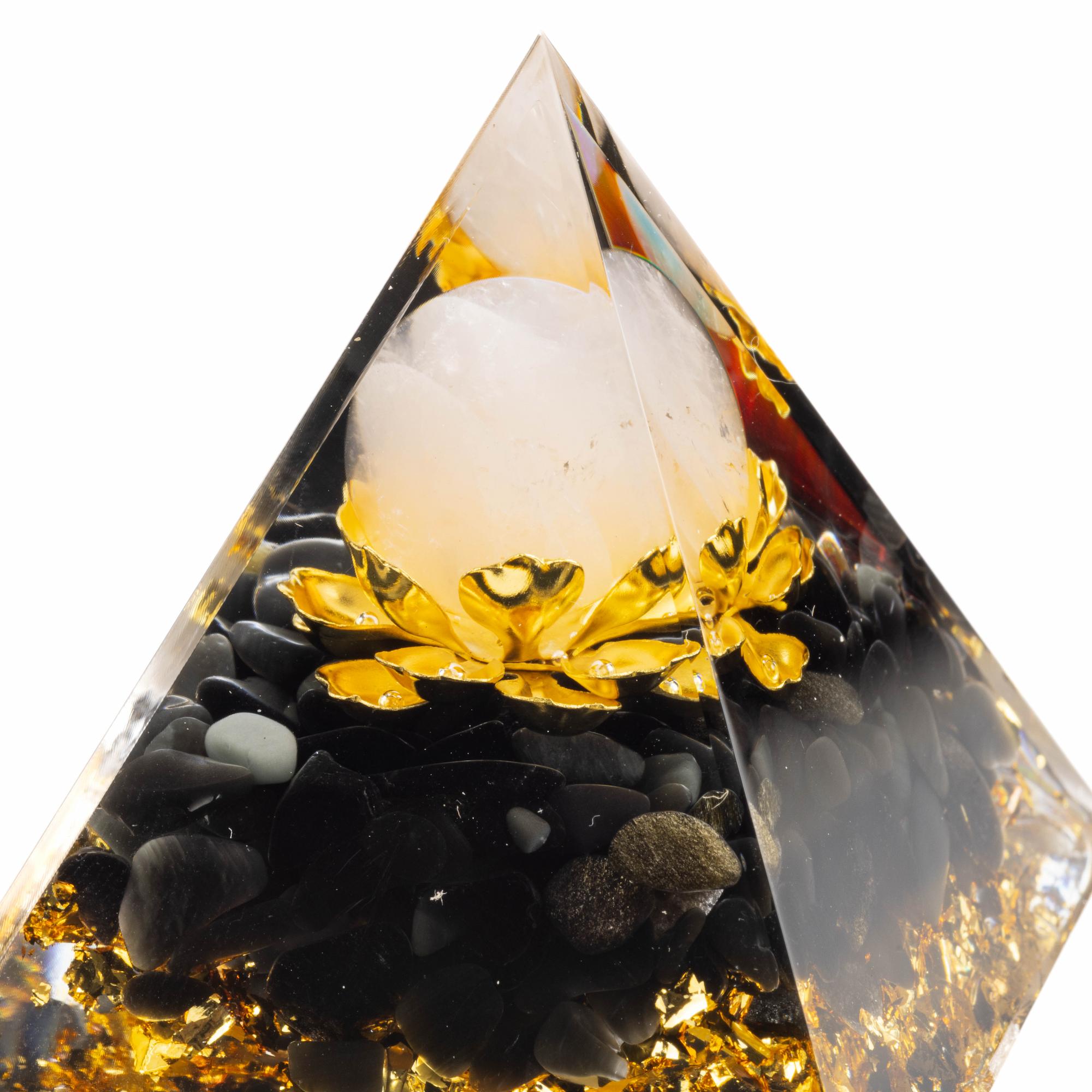 Obsidian & White Crystal Orgone Pyramid - Nordic Protection